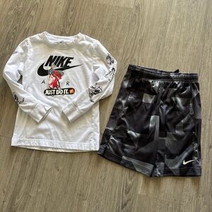 Nike Sz.7 Black/Grey Print New Shorts pockets & Nike Sz. 7 Graphic LS White Tee